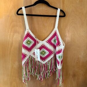 New In Crochet Granny Square Fringe Tank Top Pink Green Boho Festival ML NWT